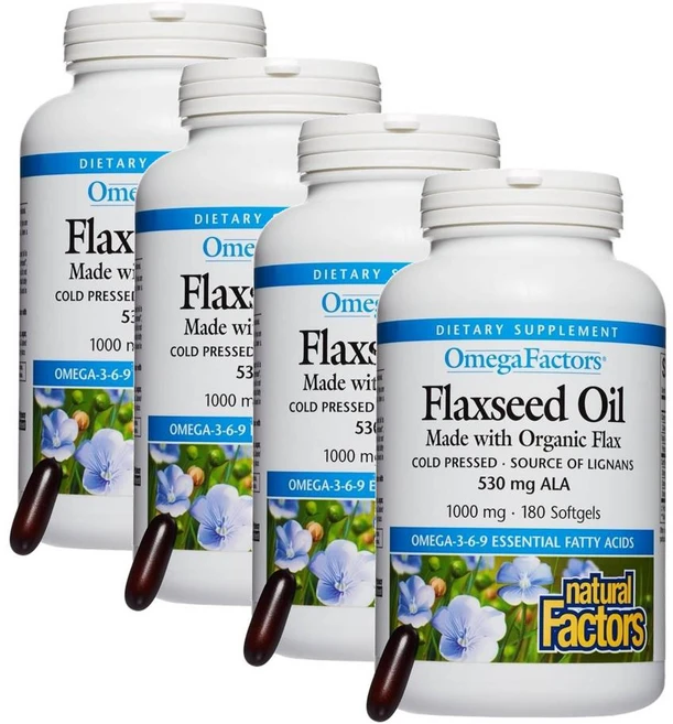 내추럴팩터스 플렉씨드 아마씨유 오메가3 1000mg 소프트젤 Natural Factors Flaxseed Oil, 180정, 4개 - 쿠팡
