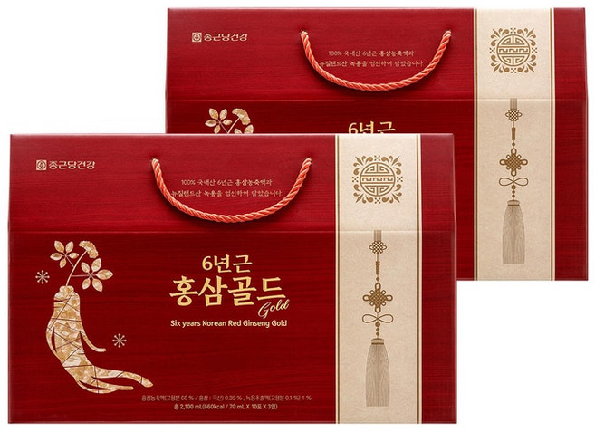 종근당건강 6년근 홍삼골드 70mlx30포x2 녹용 농축액기스 즙 달임 진액 부모님 추석 설날 명절선물세트, 2개, 2.1L