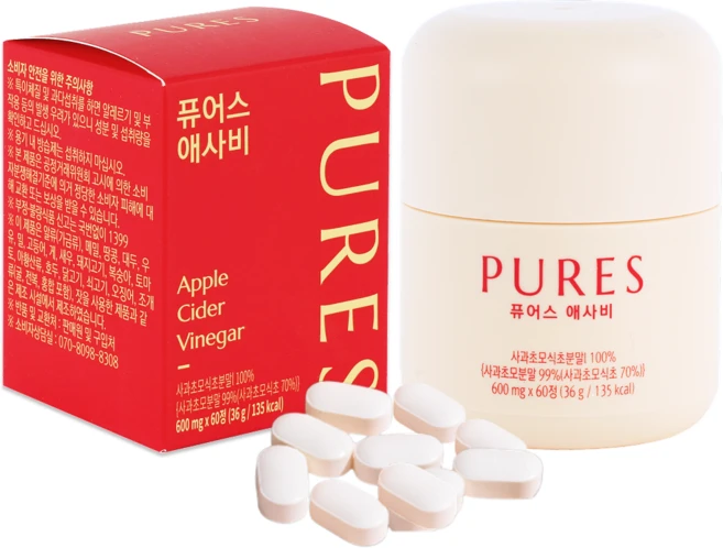 퓨어스 사과식초 애사비 애플 사이다 비니거 타블릿 알약 60정, 36g, 1박스 - 쿠팡