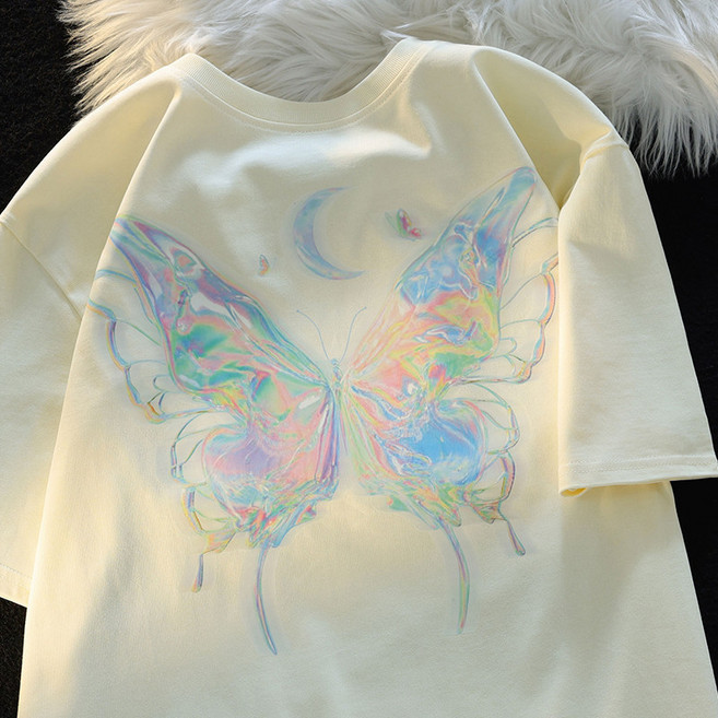 미중 여성 반팔티 오버핏 루즈핏 데일리 트랜드 나비 프린트 빅사이즈 커플 여름 티셔츠yf