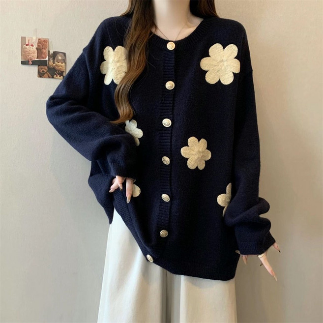 TKX 여성 가을 겨울 꽃무늬 니트 가디건 캐주얼 루즈핏 따뜻한 버튼 디자인 라운드넥 소프트 상의 K79