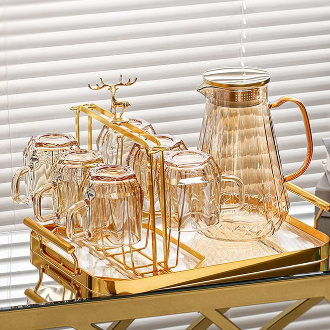 내열유리티포트 + 다이아몬드컵 세트 예쁜유리티포트세트 머그컵 HG866, 6컵+주전자+물컵홀더+쟁반, 호박색, 1개
