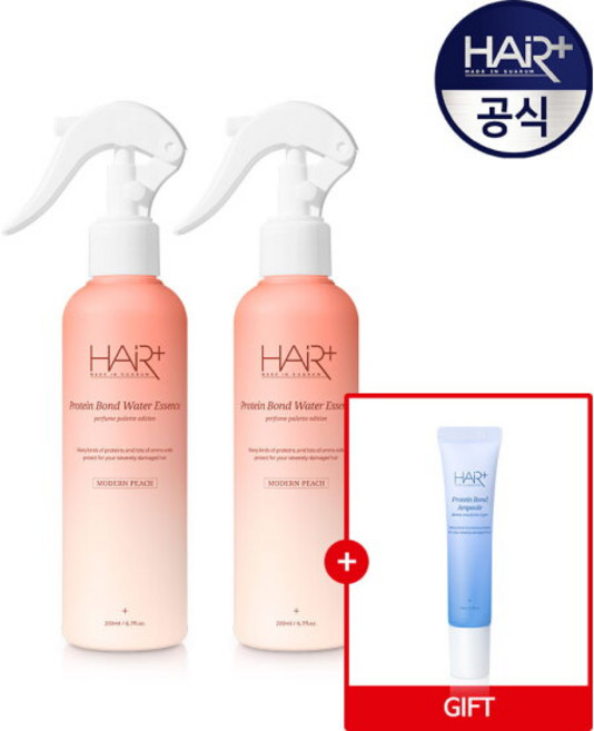 [헤어플러스] 단백질 본드 퍼퓸 워터 에센스 헤어 미스트 모던피치 200ml X2개 + 단백질 앰플 15ml / 노워시 트리트먼트, 2개