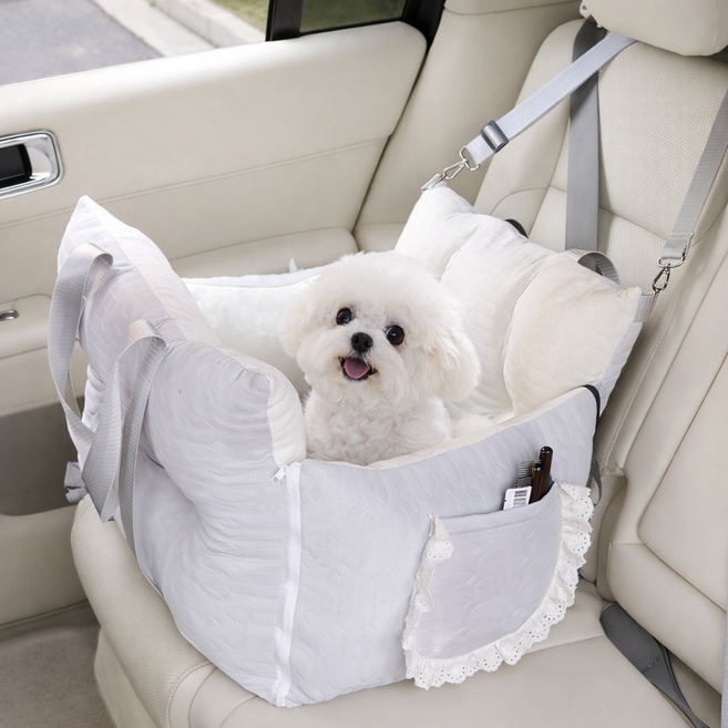 강아지 카시트 차량용 이동가방 푹신한 도톰 쿠션 흔들림 방지 고정벨트 반려동물 카시트, 1개, 그레이