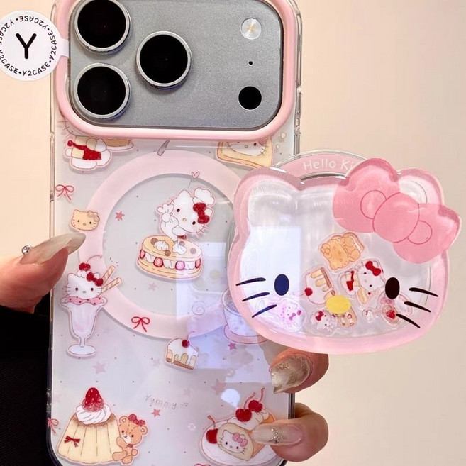 수현이네 핑크색 키티 고양이 움직이는 쉐이커 맥세이프 마그네틱 그립 톡홀더 갤럭시 호환 케이스