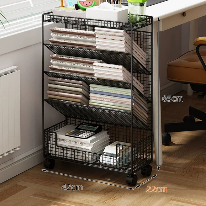 책꽂이 북 트롤리 트레이 철제 A 이동식 책 카트 슬림 책상 선반, 1개, L. 아테네 블랙 와이드 스지 동원 가능