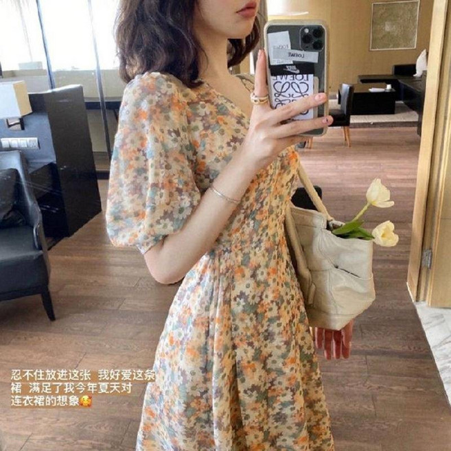 法式碎花雪紡連衣裙 甜美氣質泡泡袖桔梗長裙, 花園雛菊