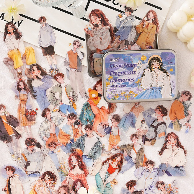 데일리펀 빈티지 감성 다꾸 틴케이스 인물 소녀 소년 투명 스티커 100p 세트, 100매, 퍼플