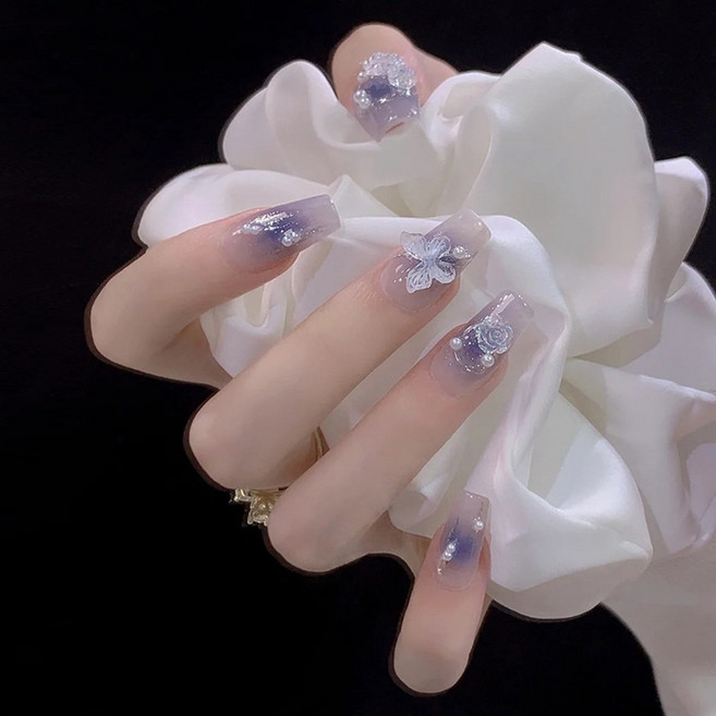 유니스뮬라 네일팁 보라빛 그라데이션 나비 로즈 숏코핀 U150, 1개