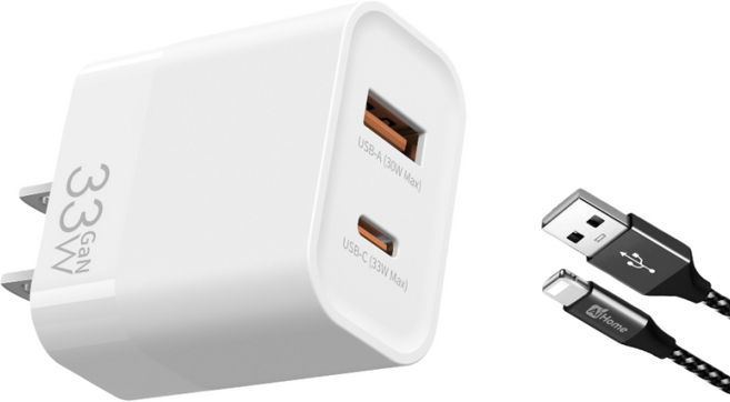 AiHome 氮化鎵快充組, 1套, 33W雙孔快充頭+A-L黑色快充線1M, 33W