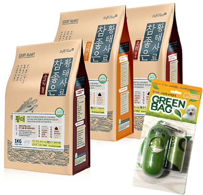 이슈펫 럭셔리발란스 소프트플러스 강아지 애견 참좋은 황태사료 연어 오리 소고기 1kg+사료 100g+그린백, 1kg, 1개