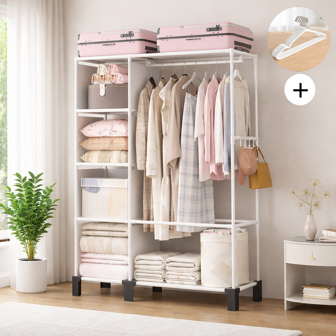 솜솜스퀘어 드레스룸 수납 선반 스탠드 행거 옷걸이 세트, 화이트