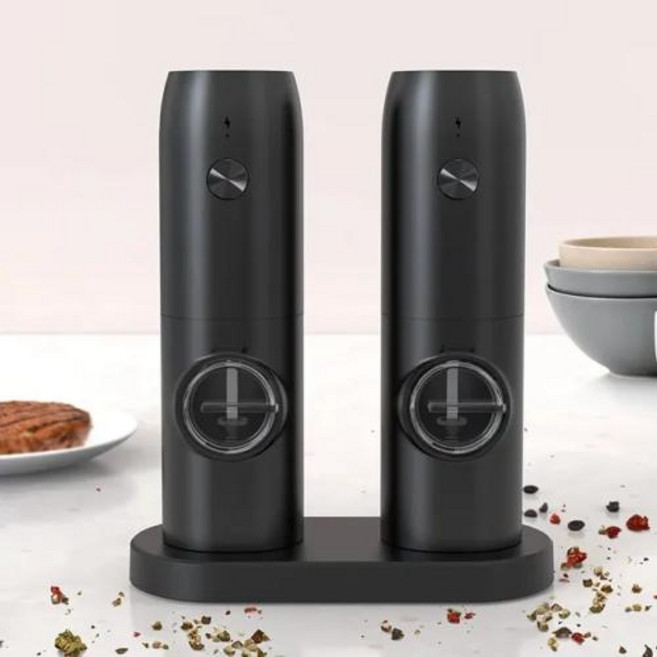 충전식 전동 소금 후추 그라인더 전자동 페퍼밀 글라인더 깨갈이 충전식 USB 전기 자동 소금 및 후추 연마기 세트 중력 향신료 밀 조절 가능한 연마기 주방 도구, 2) 베이스 2 PCS가있는 ABS, 1개
