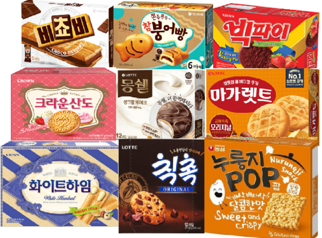 비쵸비 초코+쫀득쫀득 참붕어빵+빅파이 딸기+크라운산도 딸기(대)+몽쉘 생크림(대) +마가렛트(대) +화이트하임(대) + 칙촉(대)+누룽지팝, 1세트, 과자선물세트