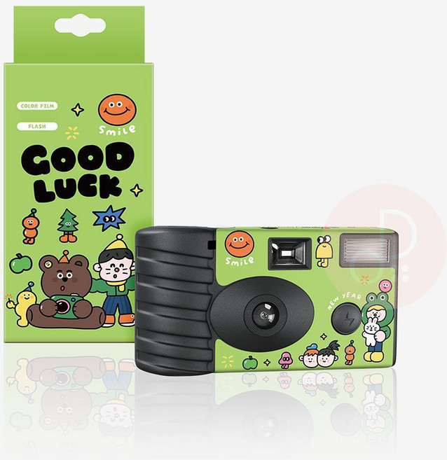 首爾媽快樂日原創插畫易拍拋棄式底片相機 畢業生日 婚禮生日禮物 一次性傻瓜相機 傻瓜相機 底片相機, 1個, 綠色好運Good luck_含18張彩色