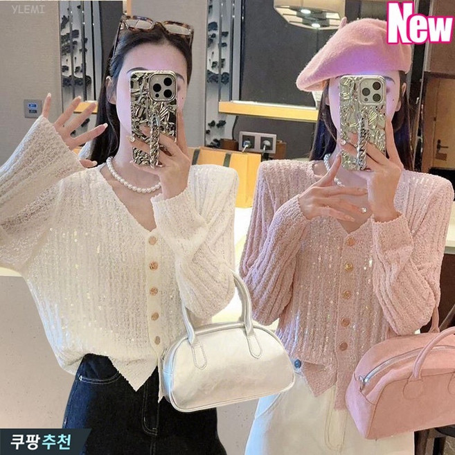 YLEMI 고급 스팽글 여성복 브이넥 얇은 니트 카디건 가을 쇼트 스타일 상의