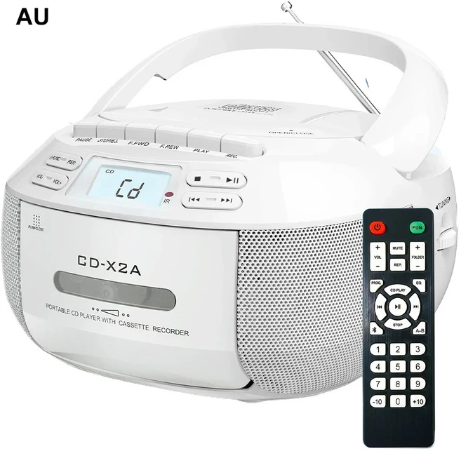 휴대용 CD 붐박스 카세트 플레이어 콤보 레코더 라디오 FM 블루투스 USB MP3 전원 (리모컨 포함), 01 빠른, 04 White AU Plug