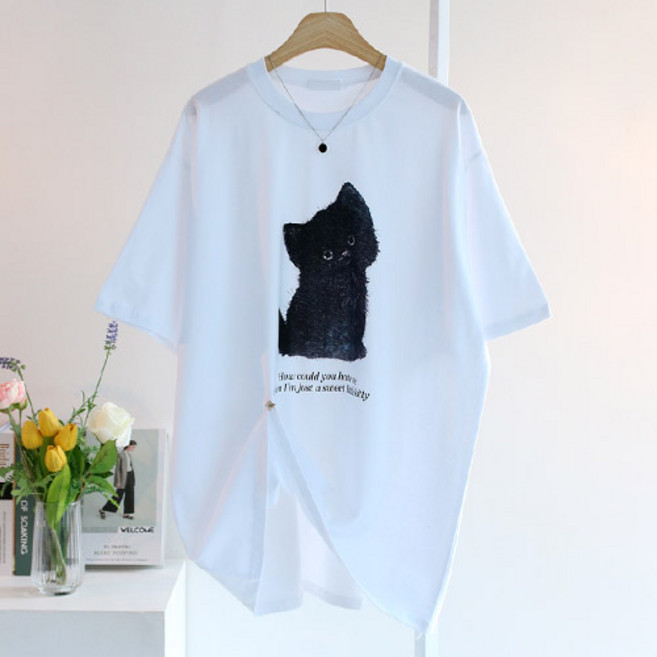 에스제이룩 여성용 집사양이 박스 오버핏 반팔티셔츠 국내제작