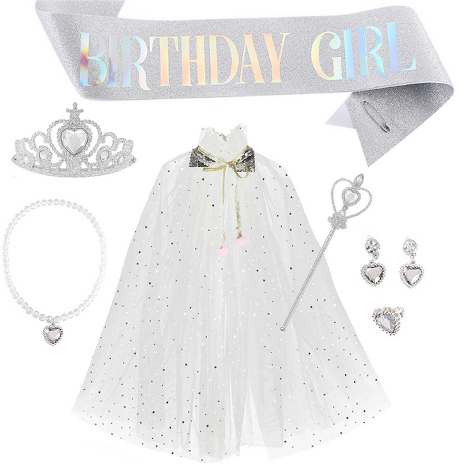 [청춘교복] 공주 생일 파티 용품 5종세트+망토+어깨띠 축하 코스프레 연말 선물 소품 프린세스 코스튬 주얼리 왕관 요술봉 목걸이 액세사리, 1개, 화이트-벌스데이걸
