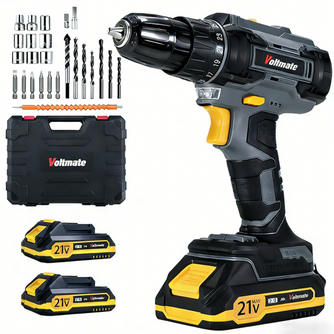 Voltmate 무선 전기드릴 21V 듀얼배터리 제공 24종 부품과 스토리지 케이스 가정용 무선 전동 드릴 드라이버 세트, 그레이