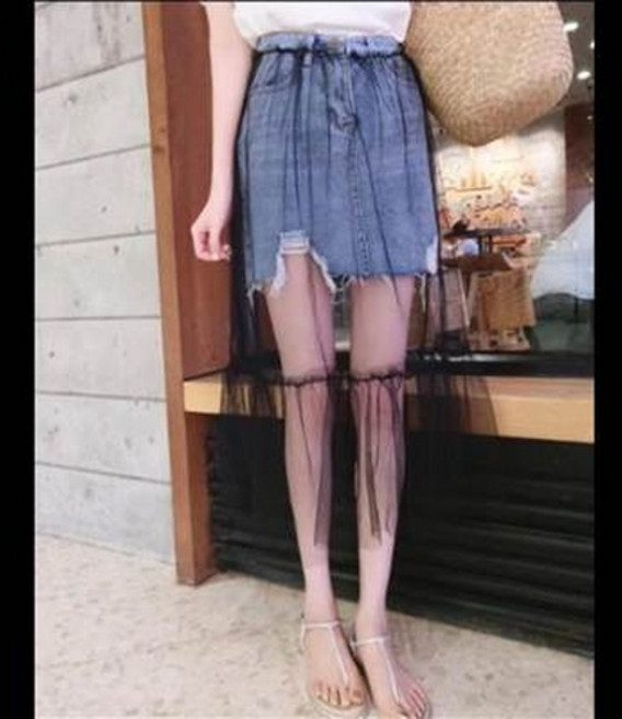 牛仔網紗拼接裙