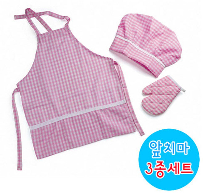 [한립] 앞치마 두건 손장갑 3종세트 - 역할놀이 소꿉놀이 요리놀이, 핑크체크, 1개