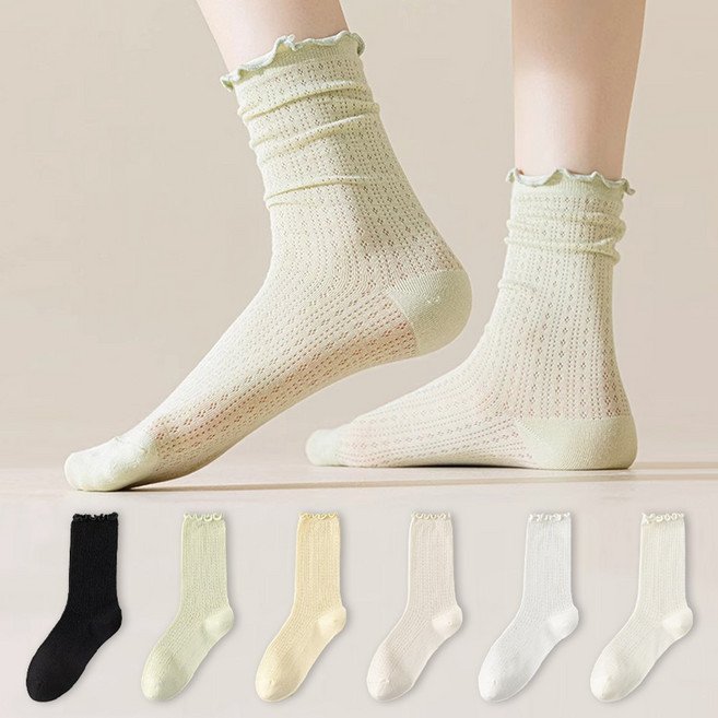 시너싹스 여성용 파스텔 컬러 레이스 메쉬 시스루 삭스 양말 6켤레
