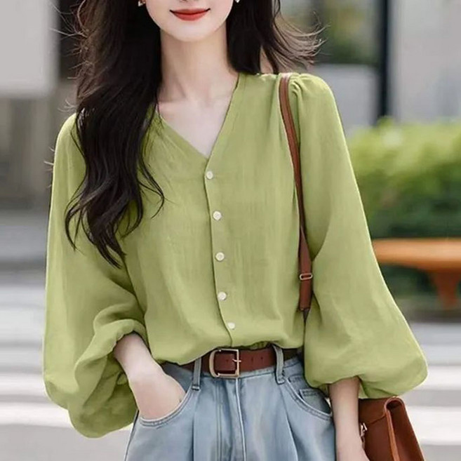 FANSYLI 긴팔 셔츠 여성 심플 빈티지 브이넥 셔츠 루즈핏 캐주얼 통근 셔츠 데일리 오피스룩 빅사이즈 X2506J30