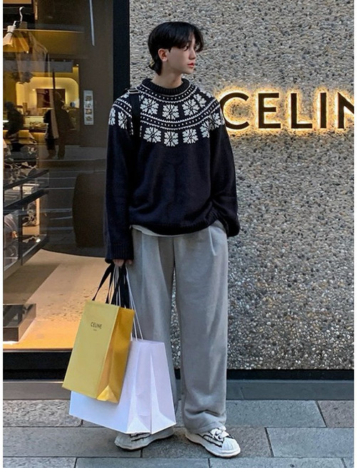 【Gshop.】慵懶風提花套頭毛衣 男秋冬季寬鬆圓領針織衫，韓版高級感上衣