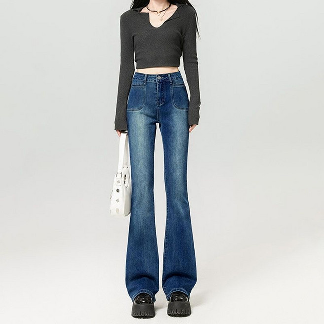 VIISHOW 여성 하이웨스트 와이드 나팔바지 롱 부츠컷 데님팬츠