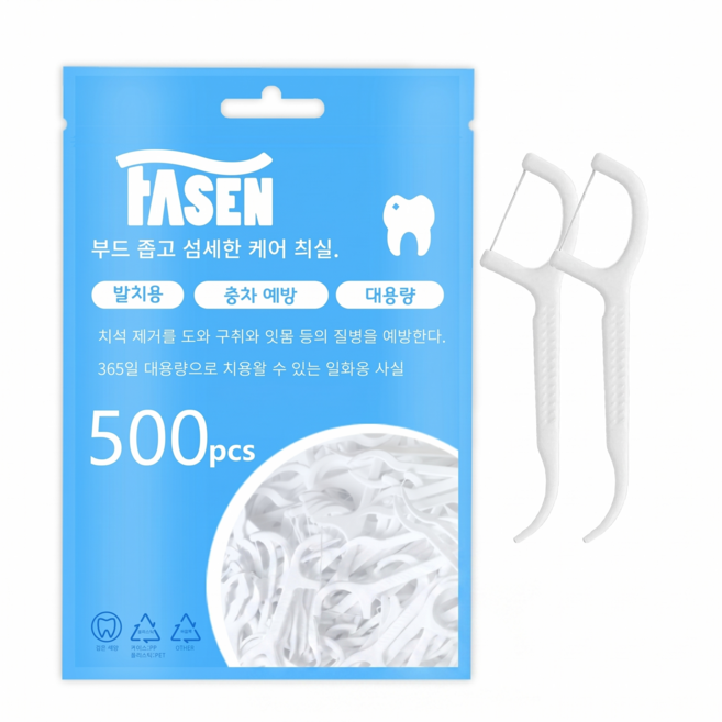 FASEN 치실 딥클린 일회용 치간 치실 치간칫솔 치실, 1개, 500개입, 8cm