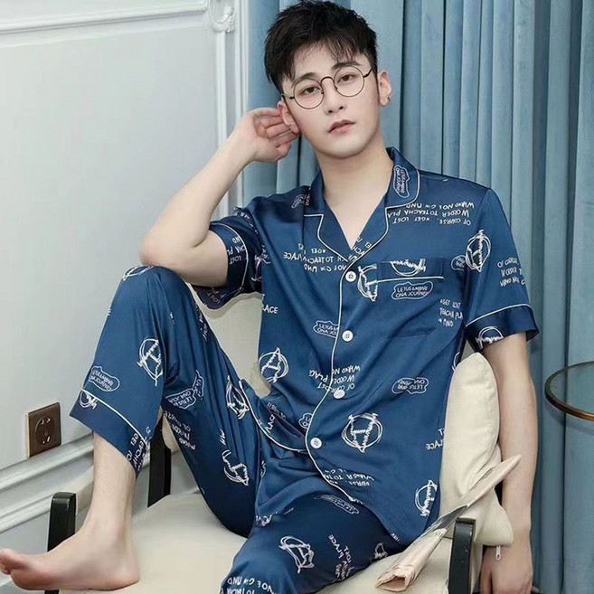 VVRR 남성 얇은 잠옷 카라넥 포켓 버클 프린트 반팔+긴바지 세트 A0042136