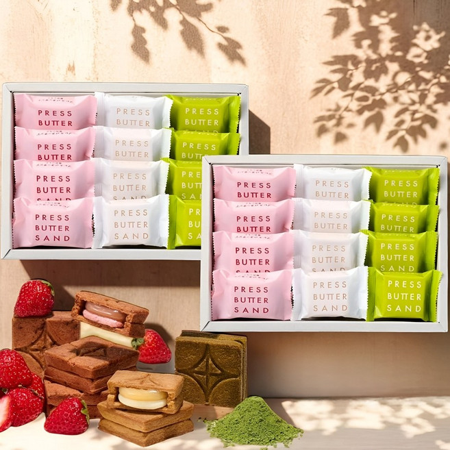 일본 프레스 버터 샌드 딸기 우지 말차 오리지널 3종 12개입 x2박스 세트, 2박스, 100g