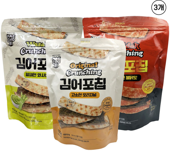 김어포칩 오리지널/와사비/불닭 어포스낵 김스낵 맥주안주 주전부리 국산김 150g 3종, 1개