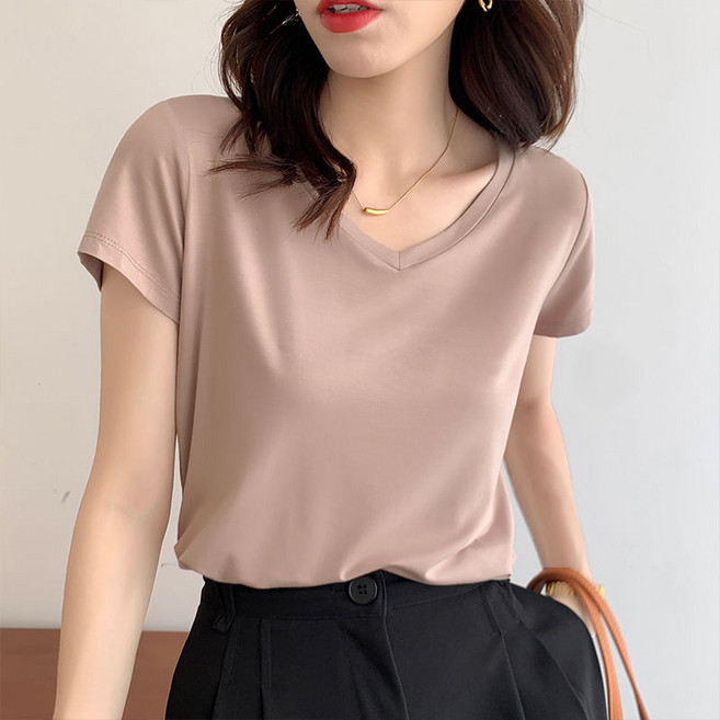싱싱덴덩 여름 티셔츠 여성 냉장고 브이넥 단색 루즈핏 심플한 스타일 반팔티셔츠