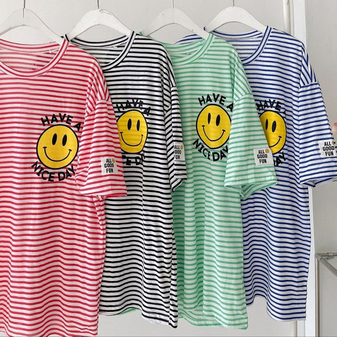 빅걸스토리 여성 빅사이즈 단가라 박스핏 해피 스마일 반팔티