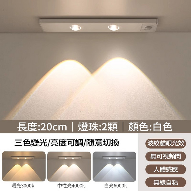 超薄LED感應燈條 白光/暖光/中性光三色切換 紅外線人體感應 適用於廚房臥室, 1個, 貓眼白色-三色光+感應+常亮+無極調光,20公分