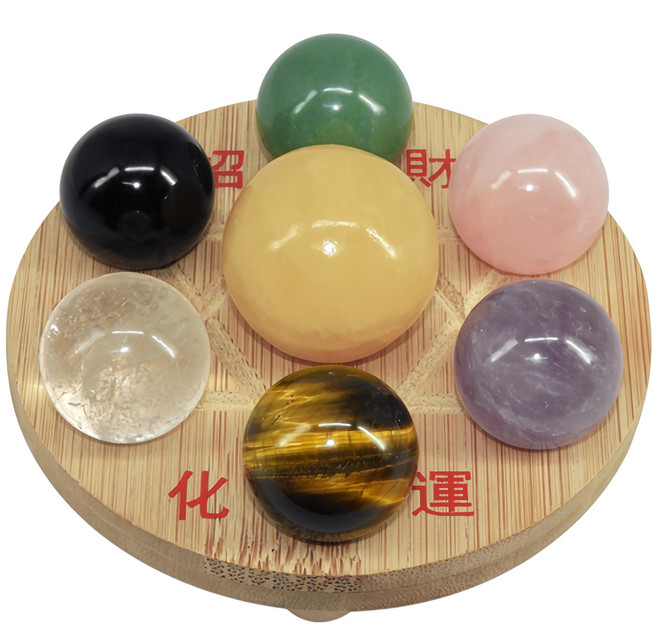 168開運坊 五行水晶七星陣 孟宗竹底盤 七彩綜合晶球組 (主球約30mm) 直徑10公分, 七彩綜合, 1個
