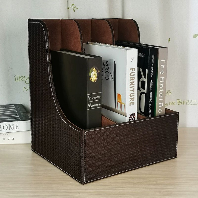 가죽 정리 수납장 북홀더 수납 직각 소품 레더 문서 서류꽂이 서류 탁상용 책꽂이, 1단, 커피 짠 질감 곡선형 3단 파일 스탠드