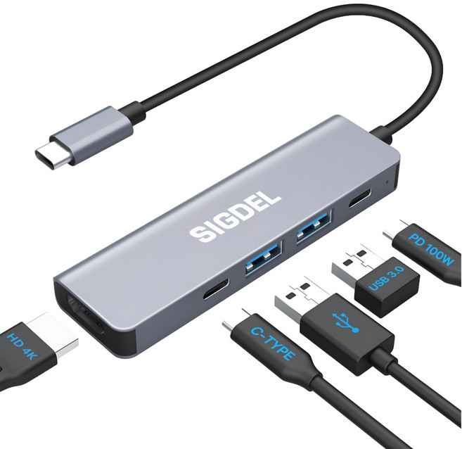 시그델 5in1 USB 3.0 C타입 겸용 멀티 허브 5포트 USB*2 C타입*2 4K HDMI PD100W 젠더 C to USB 노트북 컴퓨터 모니터 확장 포트 UH-07, 1개, 메탈실버