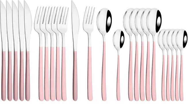 24Pcs 서양 거울 보라색 식기 칼 붙이 세트 304 스테인레스 스틸 Flawtare 스테이크 나이프 포크 Dinnerwar, 17 Pink Silver
