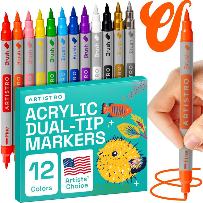 이중 팁 아크릴 페인트 마커 - 모든 연령과 수준에 적합한 예술 그림 키트 천 바위 종이 나무 캔버스 유리 DIY용 아크릴 페인트 펜 이중 팁 마커 (브러시+파인), 1세트, 12색