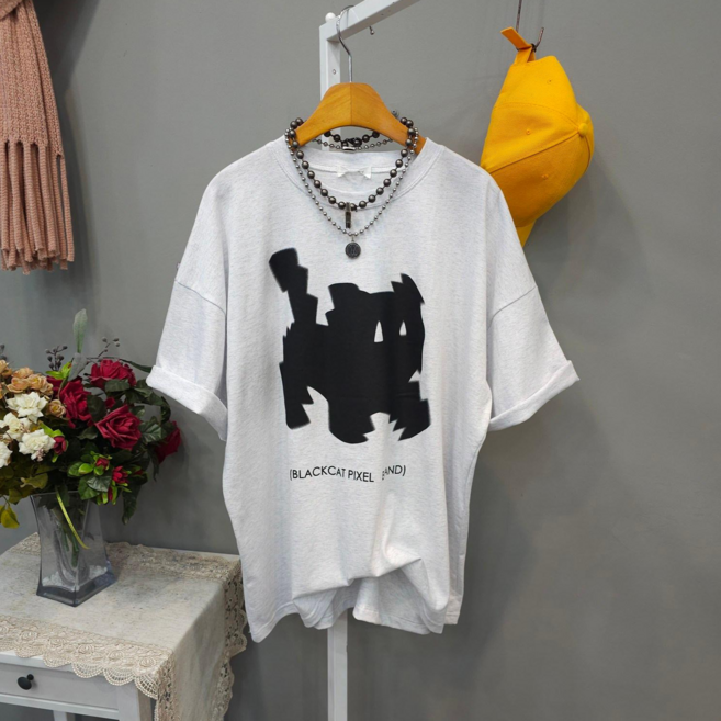 냥이 여성용 오버핏 라운드넥 면100% 반소매 캐주얼 티셔츠