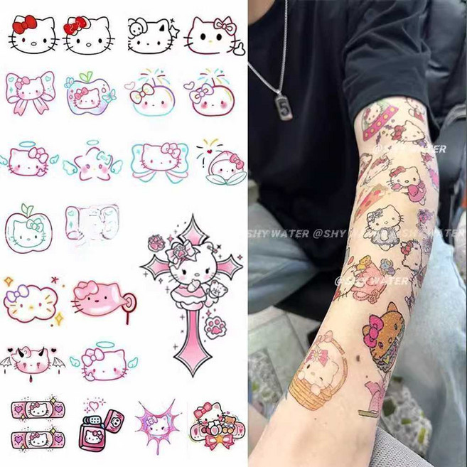 마카사조 타투스티커 헬로키티 문신 방수 스티커 세트 헤나 셀프 어린이 판박이 타투 이레즈미, 1개, 헬로키티 플라워 암 세트 A(스티커 48개)두 세트