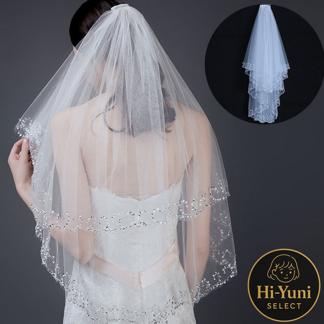 하이유니 [감성한끗] 더블레이어 진주 라인스톤 헤어빗형 셀프 웨딩 스냅 베일 면사포, 1개, 화이트