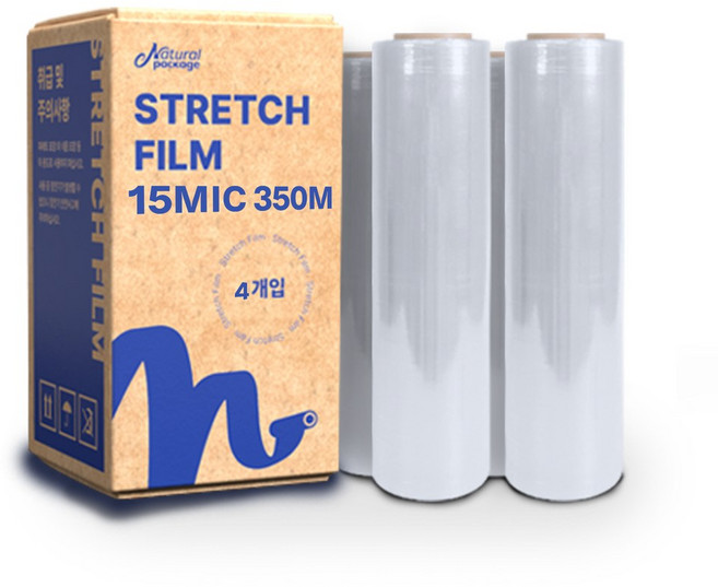 내츄럴패키지 스트레치필름 15mic 500mm 350m 공업용랩 포장랩 국내공장제조, 4개입