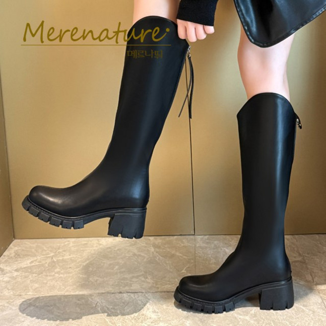 오늘출발 메르나뛰 베이직 심플 라운드 청키힐 통굽 라벨 뒤지퍼 가죽 롱부츠 MEB2