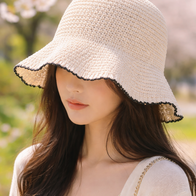 수린 얼굴소멸 배색 라인 뜨개 버킷햇 벙거지