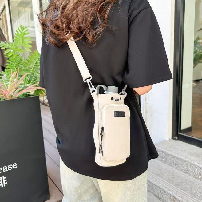 無品牌 保溫盃套 斜挎水盃背帶 保護套 便攜水壺包, 1個, 米色
