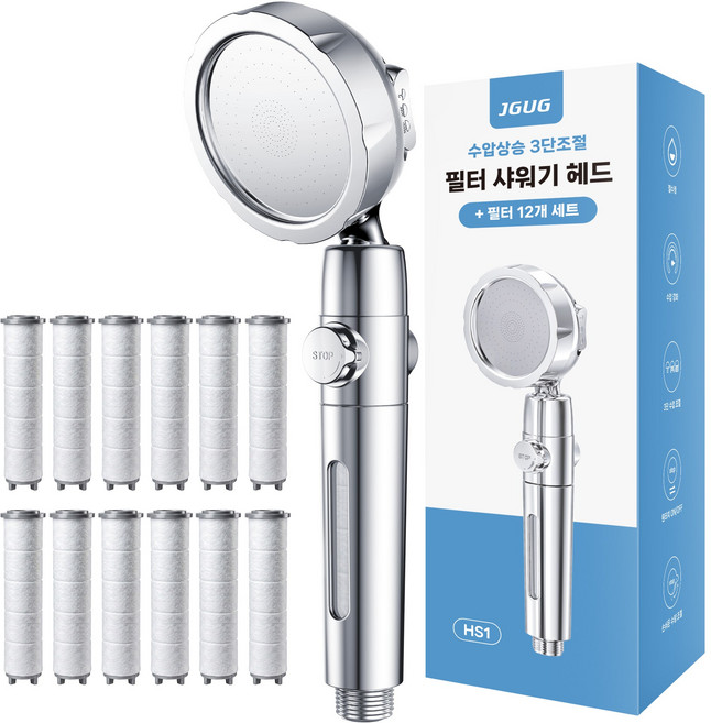 JGUG 필터 샤워기 헤드 고압 수압상승 3단조절 + 리필 필터 12p, 실버, 1세트